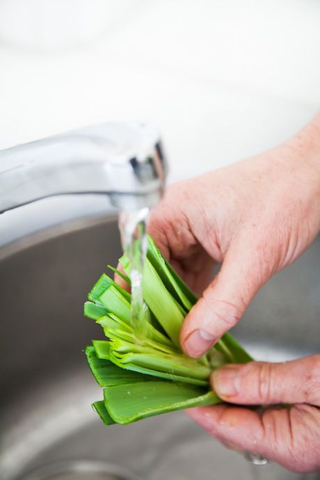 Limpiado y escaldado del puerro